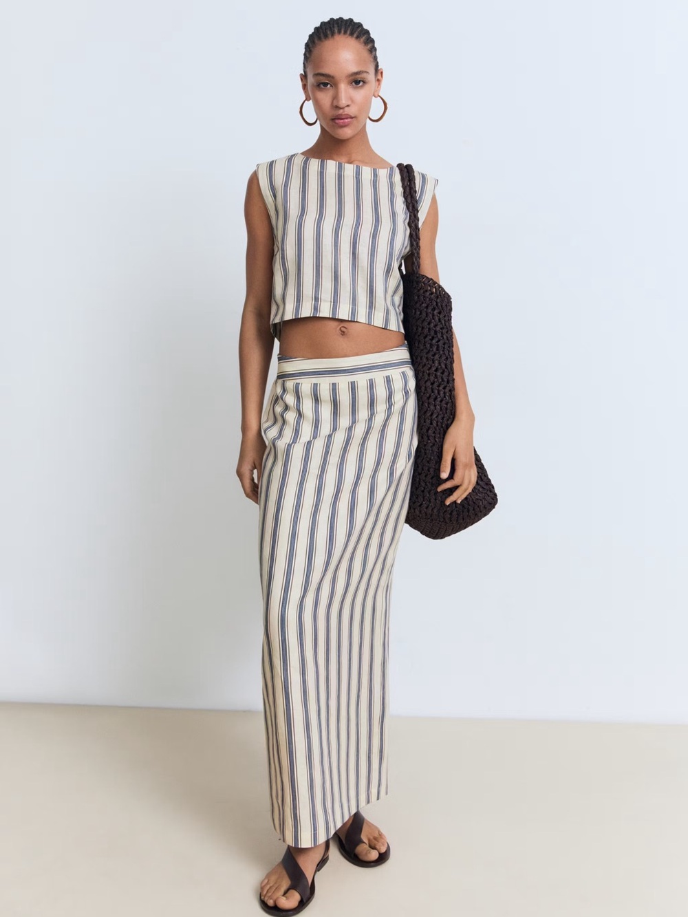 Mango Cream striped linen Co-ord set top+skirt NWT